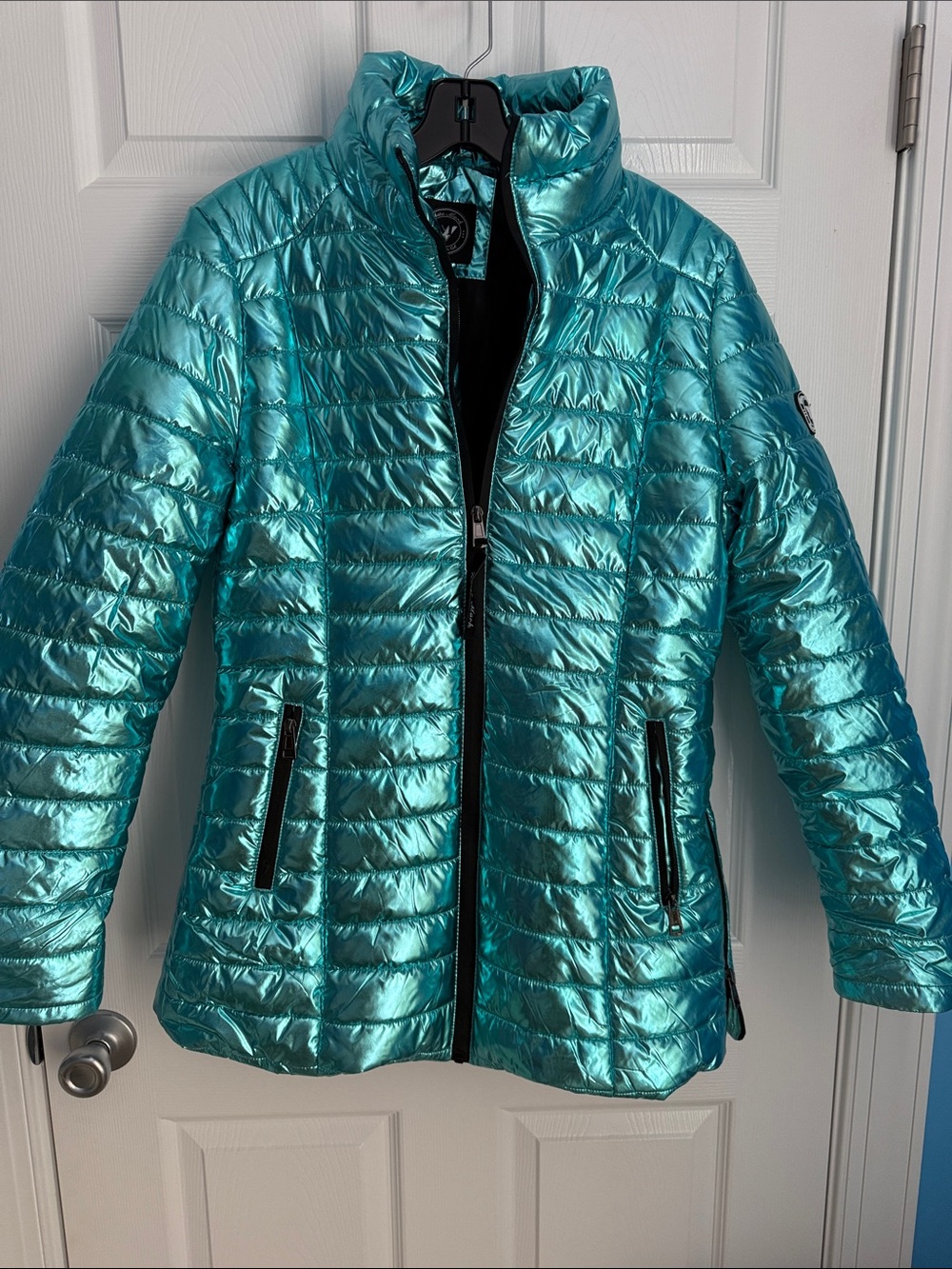 White Mark Metallic Turquoise Quilted Puffer Jacket - Women's